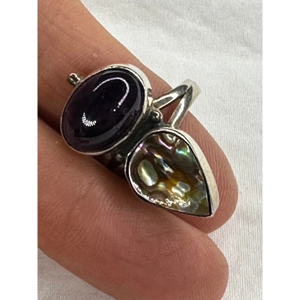 Nightbreed Creations Ring Amethyst Abalone Shell Sterling Silver 925‎ Sz 7 MOD